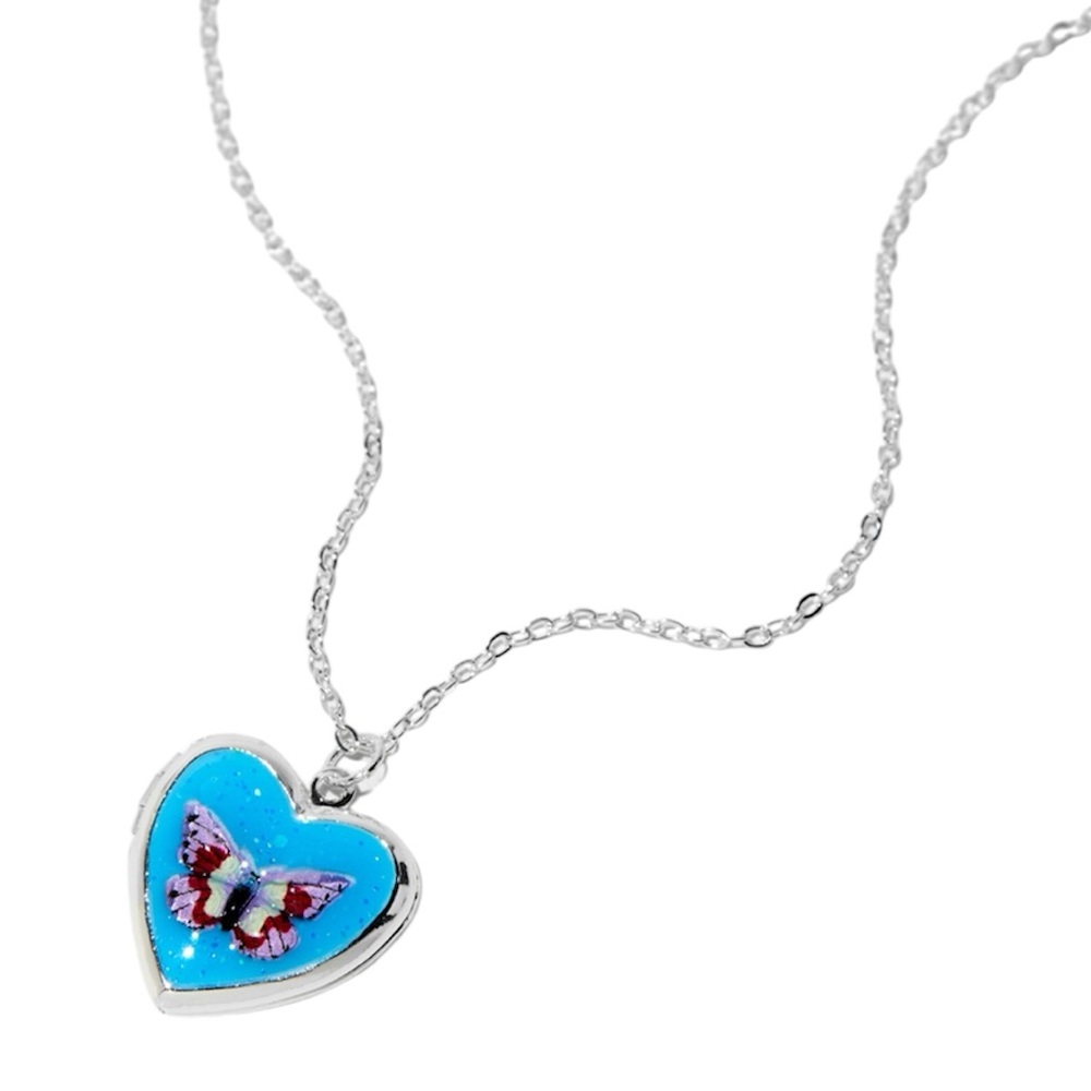 Silver-Tone Glitter Butterfly Locket Pendant Necklace - NWT